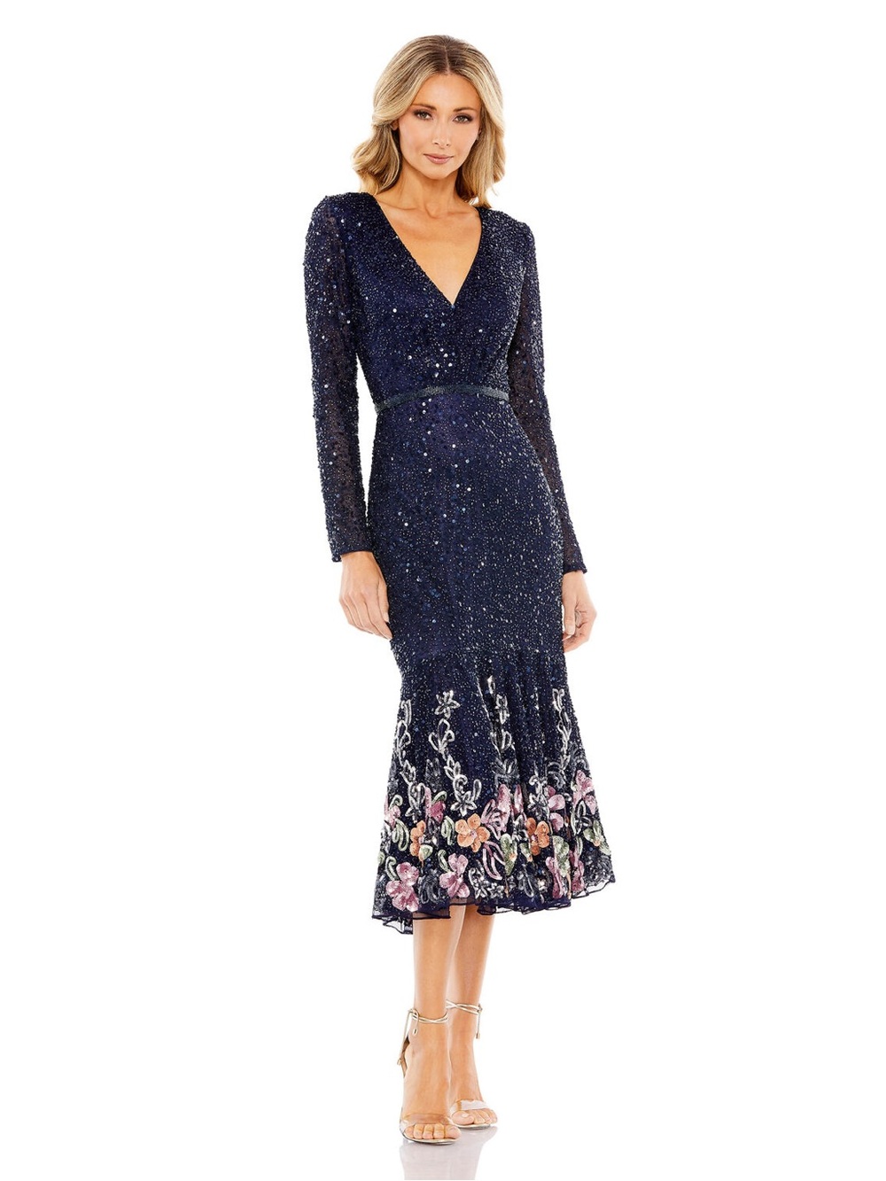 Mac Duggal A5589 Blue Faux Wrap Long Sleeve Tea Length Dress Size 12 NWT